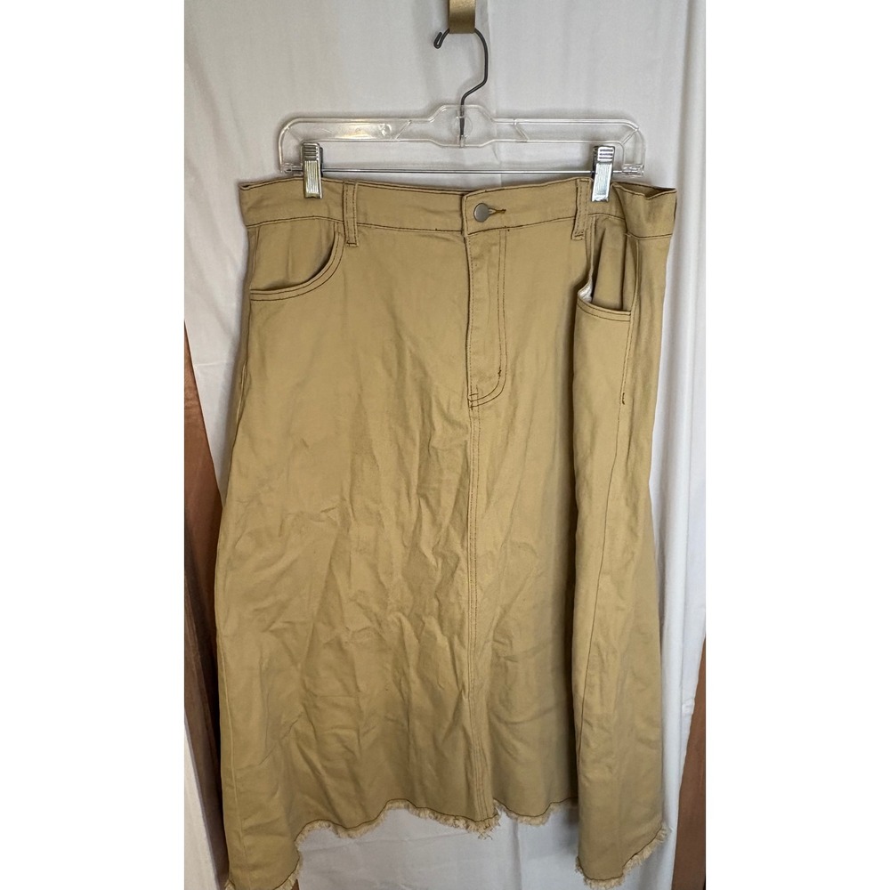 NWT Belle Poque Womens Khaki Tan Denim Midi Skirt Frayed Raw Hem Plus Size 2X